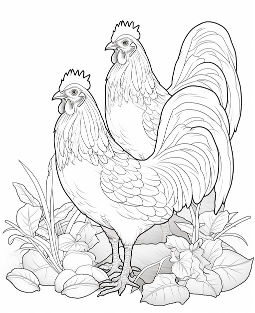 Páginas para colorir de galos e galinhas generativas ai