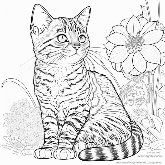 Páginas para colorir de gatos e flores generativas ai