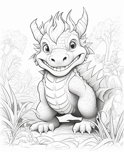 Páginas para colorir de um dragão com um grande sorriso no rosto generative ai