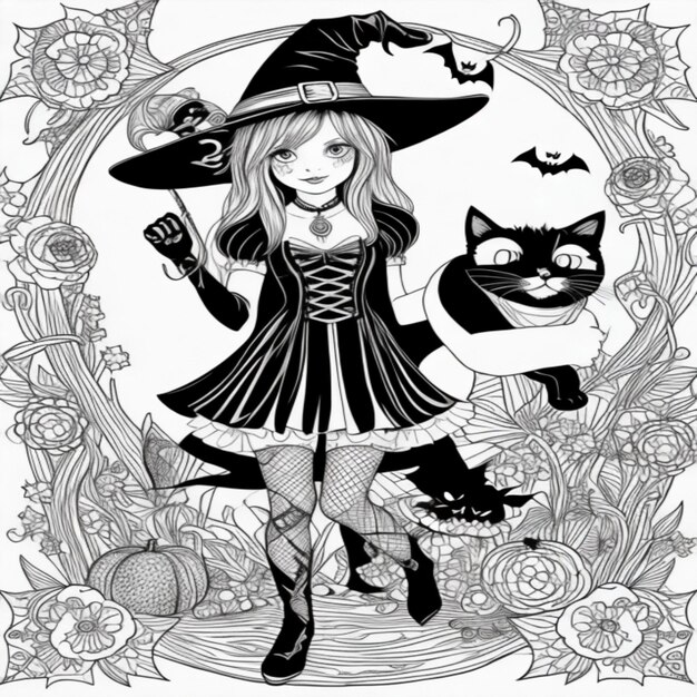 Páginas para colorir Halloween Cat Witch