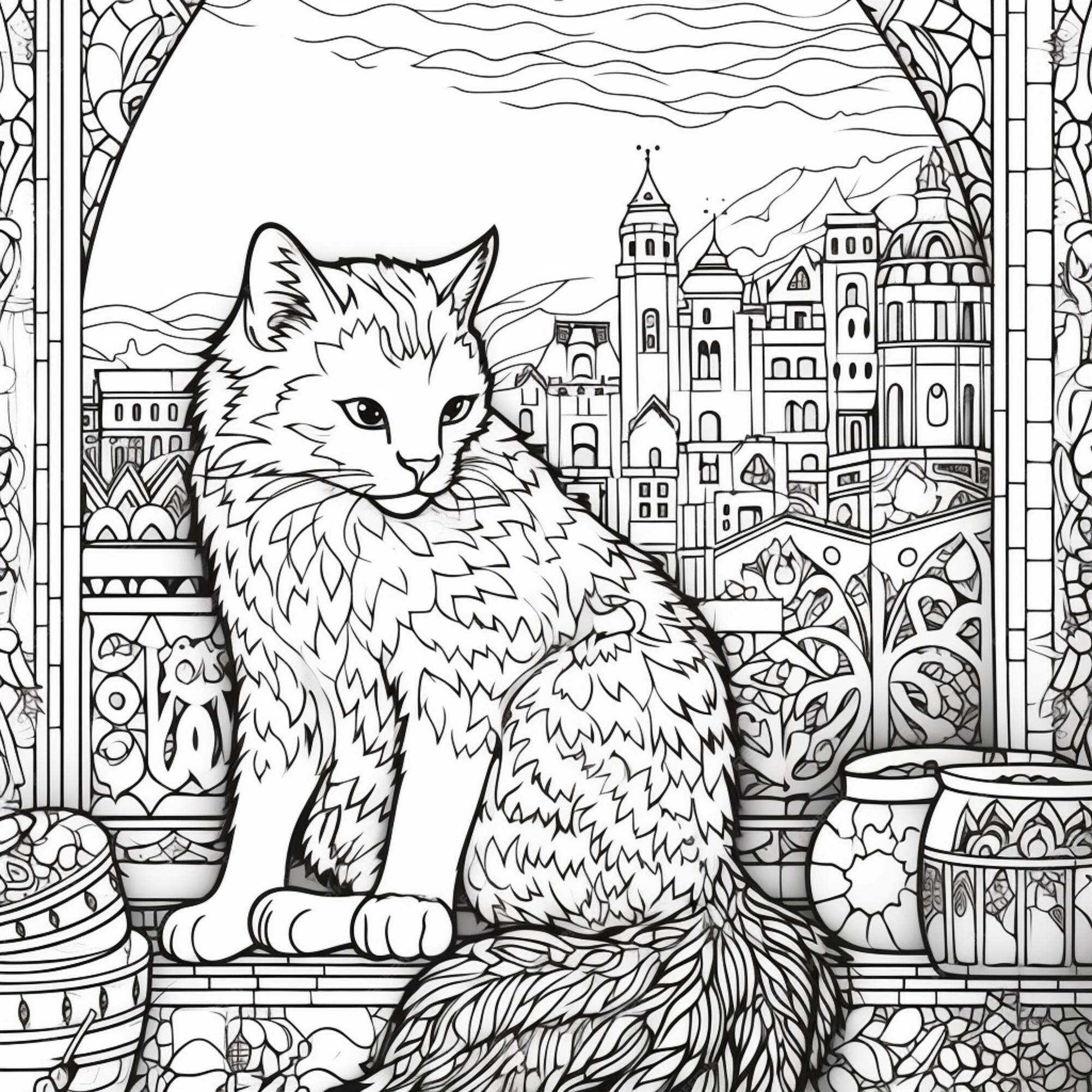 Desenho de gato na janela para colorir