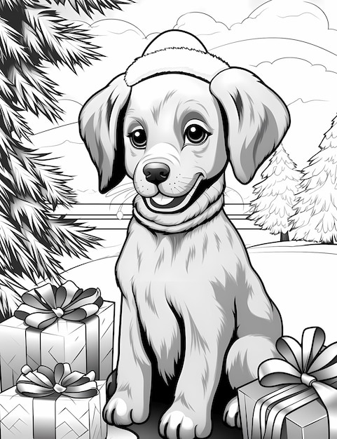 páginas para colorir para crianças cachorro debaixo de uma árvore de Natal estilo de desenho animado linhas grossas