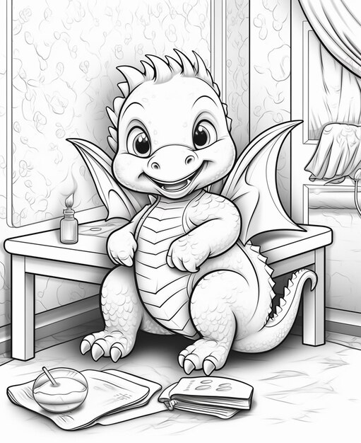 Foto páginas para colorir para crianças de um dragão sentado em um banco com ia generativa