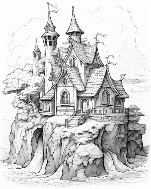 Páginas para colorir para crianças Desenhando uma casa em uma colina