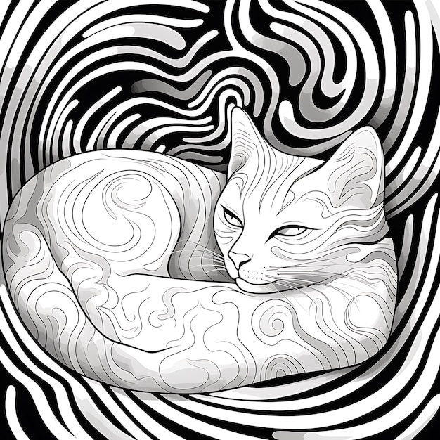 Foto páginas para colorir para crianças gato dormindo no estilo de quadrinhos linhas giratórias com baixo detalhe