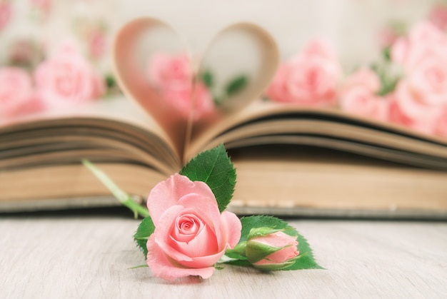 Foto páginas de un viejo libro curvadas en un corazón y rosas.