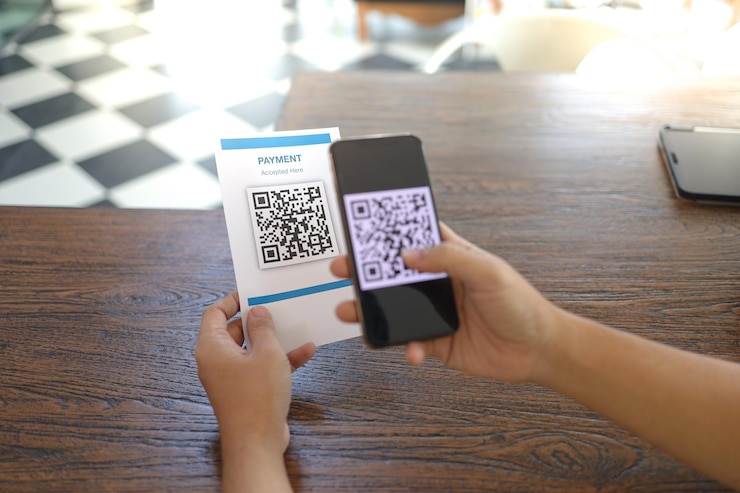 Foto pago con código qr billet electrónico hombre escaneo etiqueta aceptada generar pago digital sin dinero escaneo código qr compras en línea concepto de tecnología sin efectivo