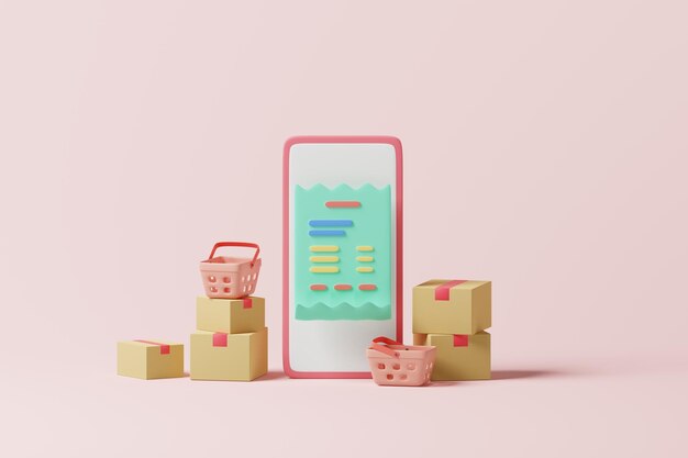 Pago de facturas de compras en línea en la pantalla del teléfono móvil con caja de paquetes y cesta de compras en fondo rosa Concepto de pago de compras en línea renderizado en 3D