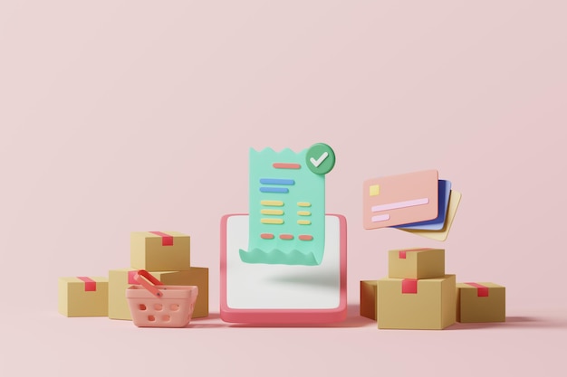 Pago de facturas de compras en línea en la pantalla del teléfono móvil con cesta de paquetes tarjeta de crédito en fondo rosa Concepto de pago de compras en línea renderizado en 3D