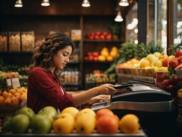 Pago con tarjeta en una tienda de frutas o verduras