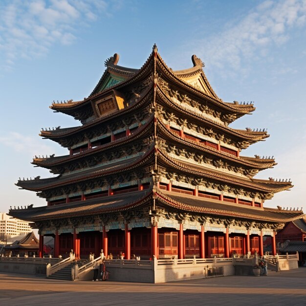 pagoda arafed con un techo rojo y un cielo azul generativo ai