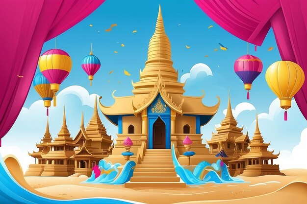 Pagoda de arena del festival de Songkran con bandera de Tailandia El día tradicional del año nuevo