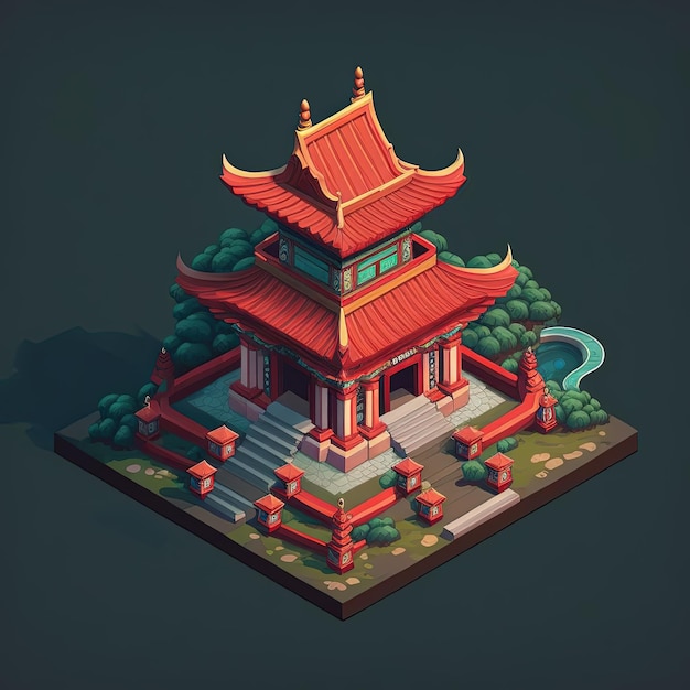 Pagoda de Asia oriental de dibujos animados Diseño de juegos isometría IA generativa