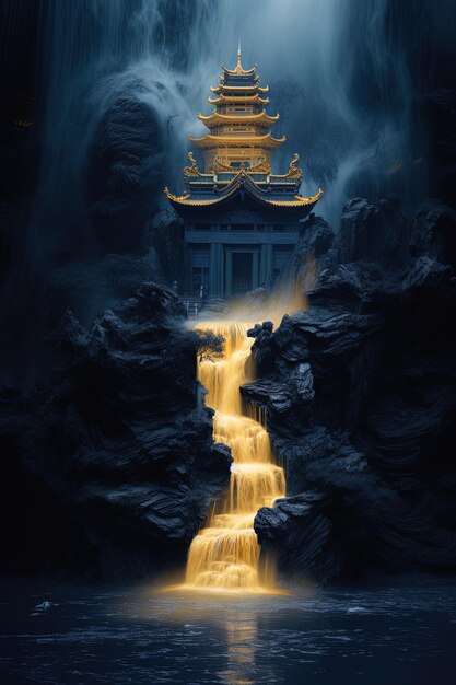 Foto una pagoda en una cascada con una cascada en el fondo