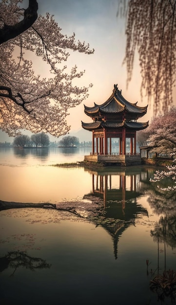 Una pagoda china se asienta sobre un lago con flores de cerezo en el fondo.