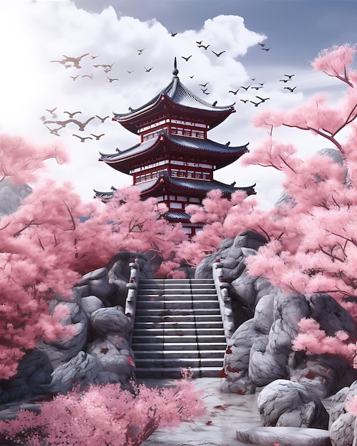 Foto pagoda china en estilo de anime rosado