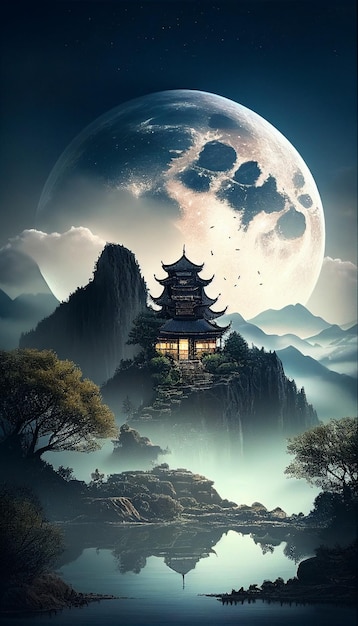 Una pagoda china en una montaña con una luna al fondo