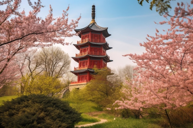 Foto pagoda china rodeada de flores de cerezo en flor en primavera creada con ai generativo
