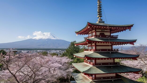 Foto pagoda chureito com flores de cerejeira e monte fuji em fujiyoshida, japão