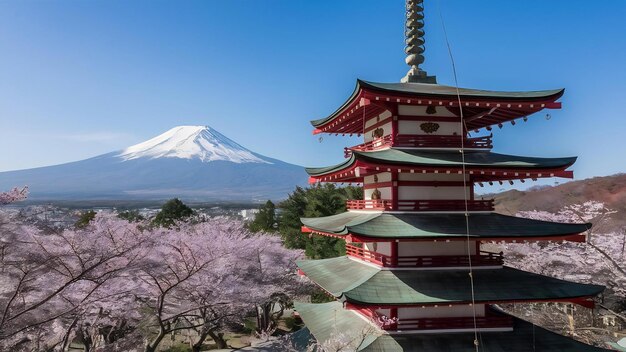 Foto pagoda chureito com flores de cerejeira e monte fuji em fujiyoshida, japão