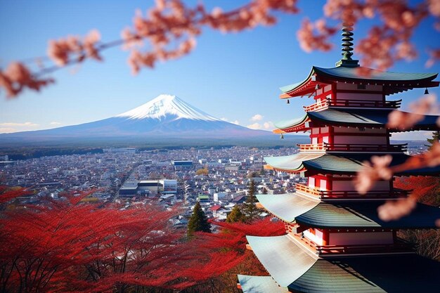 la pagoda chureito con el fondo del monte Fuji durante el invierno