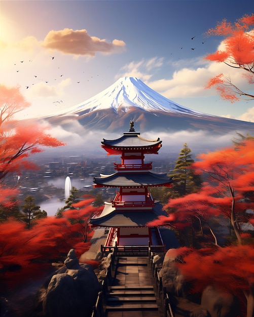 Pagoda das Árvores Vermelhas em frente ao Monte Fuji
