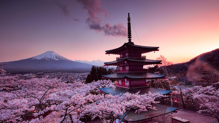 Foto una pagoda con un fondo rosa y un cielo rosa con la nieve en él