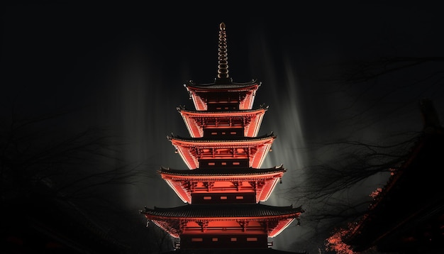 La pagoda iluminada simboliza la antigua cultura japonesa por la noche generada por la IA