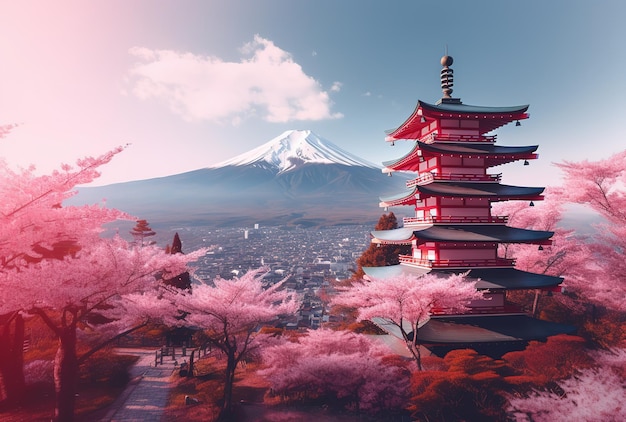 pagoda japonesa con flor de cerezo y monte fuji