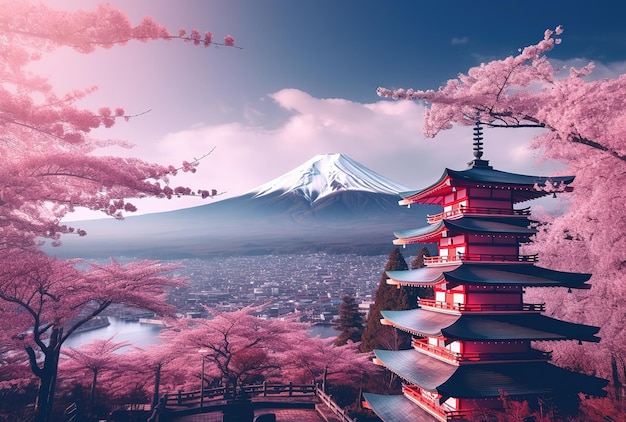 pagoda japonesa con flor de cerezo y monte fuji