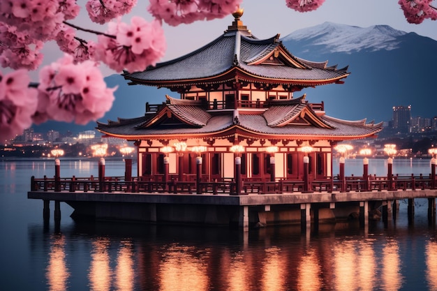 pagoda japonesa con flores de cerezo por la noche