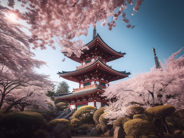 Una pagoda japonesa en un jardín con flores rosas.