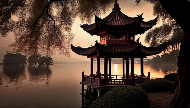 Una pagoda en un lago con un árbol al fondo