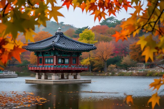 Foto pagoda en medio de las hojas de otoño