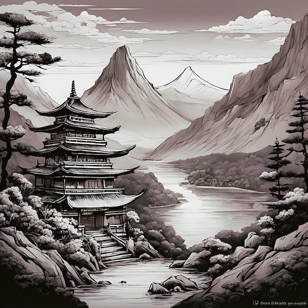 con la pagoda de la montaña obras de arte de dan mumford flores de cerezo sekiro sangre mundo de arte dec