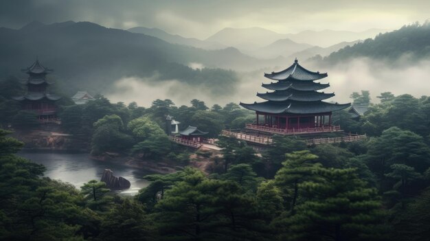 una pagoda en una montaña con un río en el fondo.