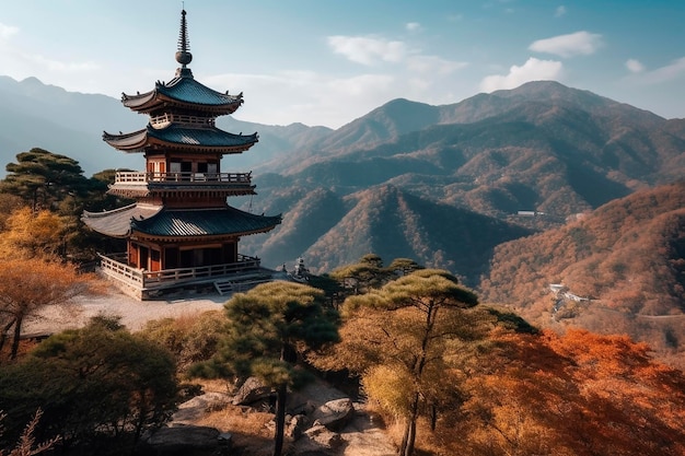 Una pagoda en una montaña con vistas a las montañas al fondo