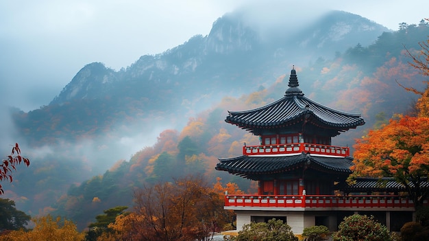 Una pagoda en las montañas con una montaña en el fondo