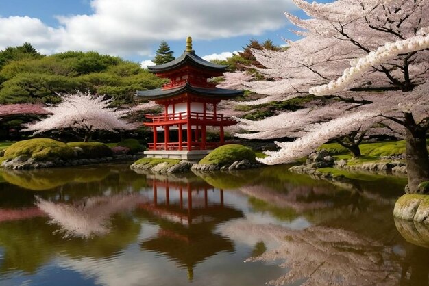 Foto la pagoda de otoño y las flores de cerezo