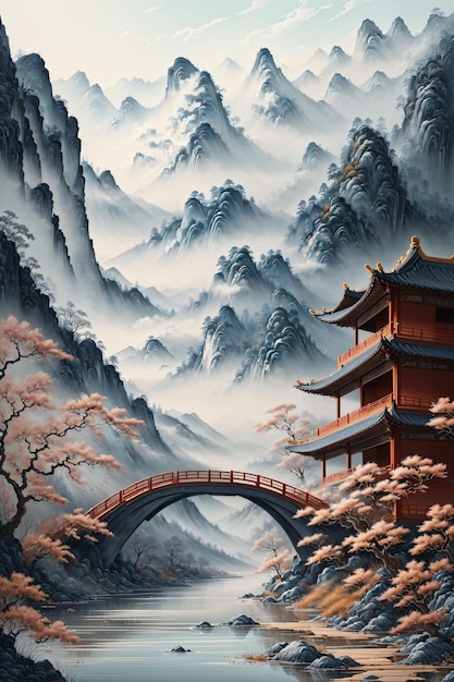 Una pagoda con un puente rojo en las montañas