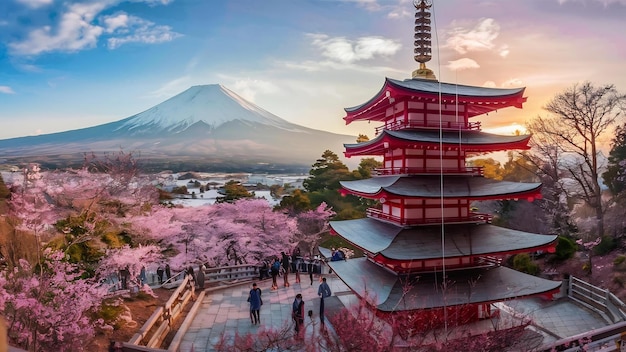 Pagoda roja de chureito en Japón con el monte Fuji detrás