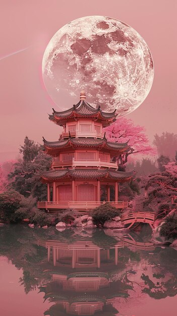 una pagoda roja con una luna llena en el fondo