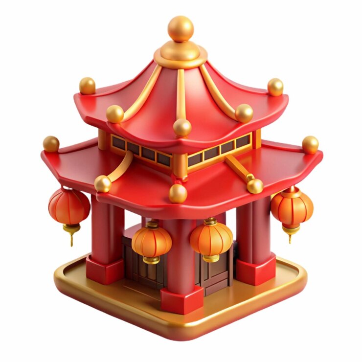Pagoda roja en miniatura con decoraciones de linternas
