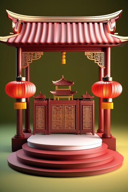 una pagoda roja con techo rojo y fondo verde.