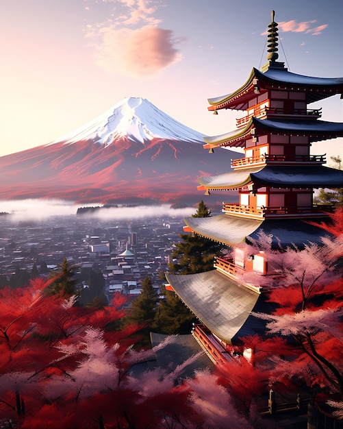 Pagoda Árvores Vermelhas em frente ao Monte Fuji