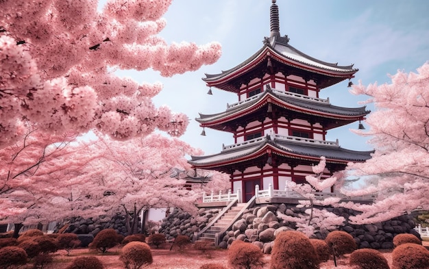 Pagoda tradicional japonesa em meio a uma flor de cerejeira