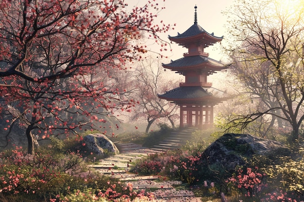 Pagoda tranquila em um jardim de cerejeiras