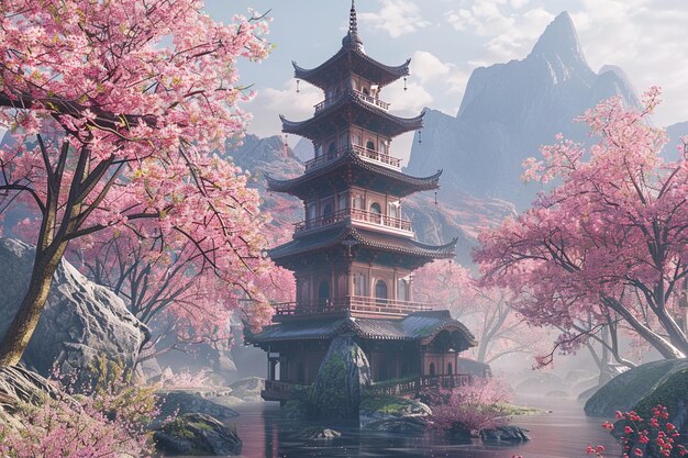 Foto pagoda tranquila rodeada de flores de cerezo en b