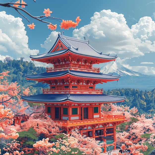 Pagoda vermelha com flores de cerejeira e céu azul Pintura digital
