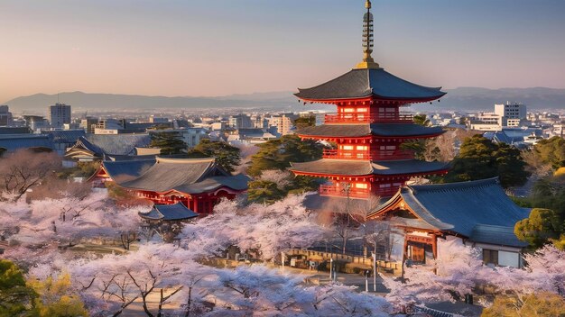 Pagoda Vermelha e paisagem urbana de Kyoto no Japão